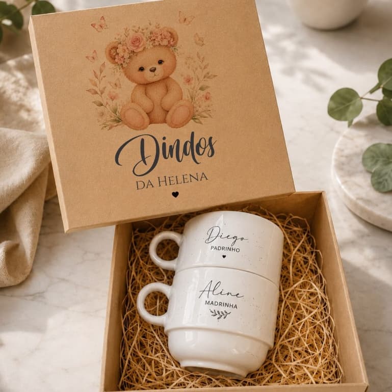 Kit 2 Xícaras + Caixa MDF Personalizadas Para Dindos, Padrinhos de casamento, dinda e dindo,presente