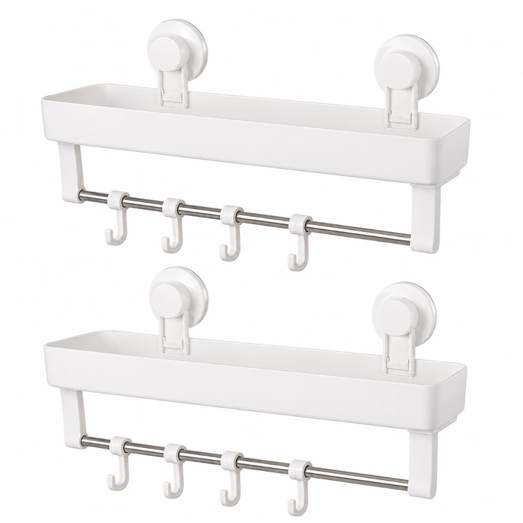 Kit 2 Organizadores Multiuso com Ganchos Branco Fixação por Ventosa Sem Furos para Banheiro Cozinha Lavanderia