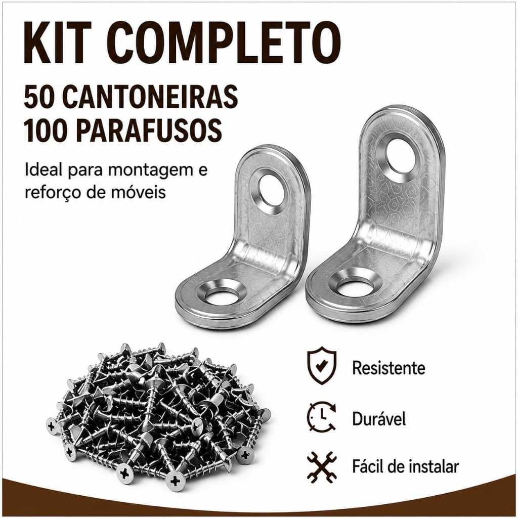 Kit 50 Cantoneiras 18x18 com 100 Parafusos 3,5x16 Montagem Móveis Gavetas Armarios