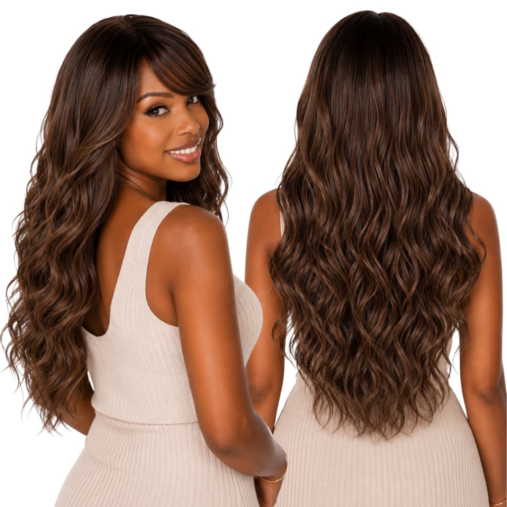 Peruca Ondulada com Franja Castanho Cabelo Orgânico 60cm