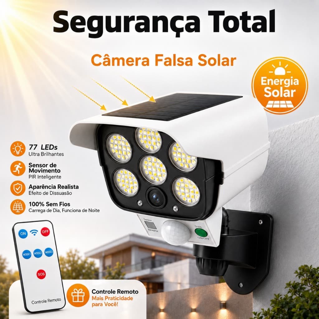 Câmera Falsa Sensor Presença Com 77 Led 60W Antifurto Ladrão Refletor Solar