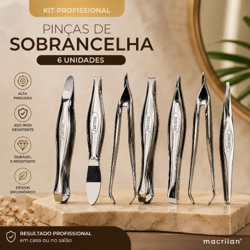 Kit 6 Pinças de Sobrancelha Profissional Aço Inox Ponta Reta Chanfrada e Fina Alta Precisão para Design Remoção de Pelos