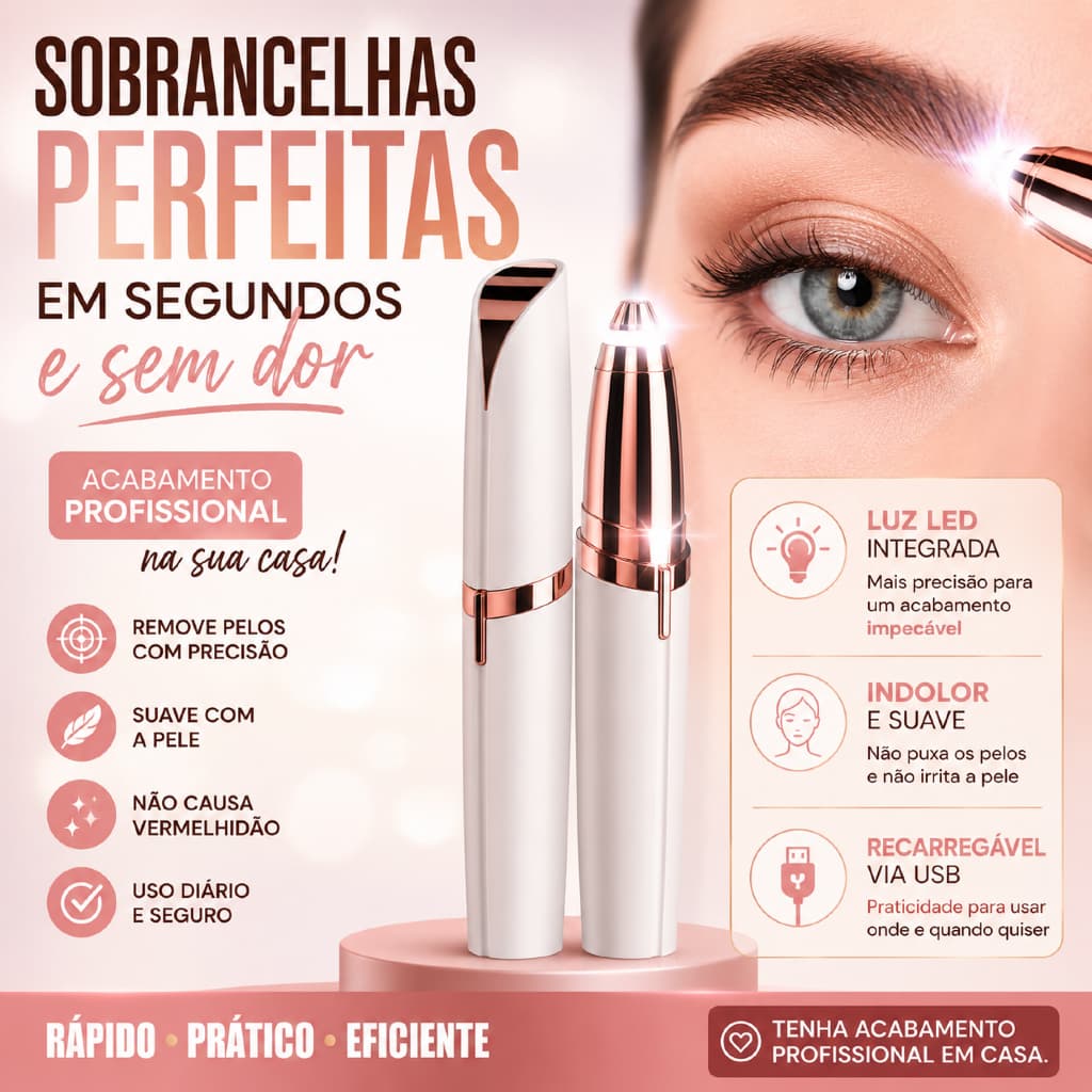 Caneta Depiladora de Sobrancelha Elétrica USB Recarregável Com LED Indolor Portátil Bivolt Sem Dor