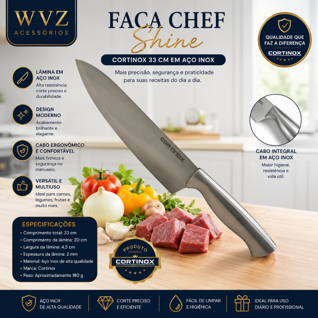 Faca Chef Cortinox Shine 33cm Aço Inox Profissional Cozinha Carne Legumes Premium