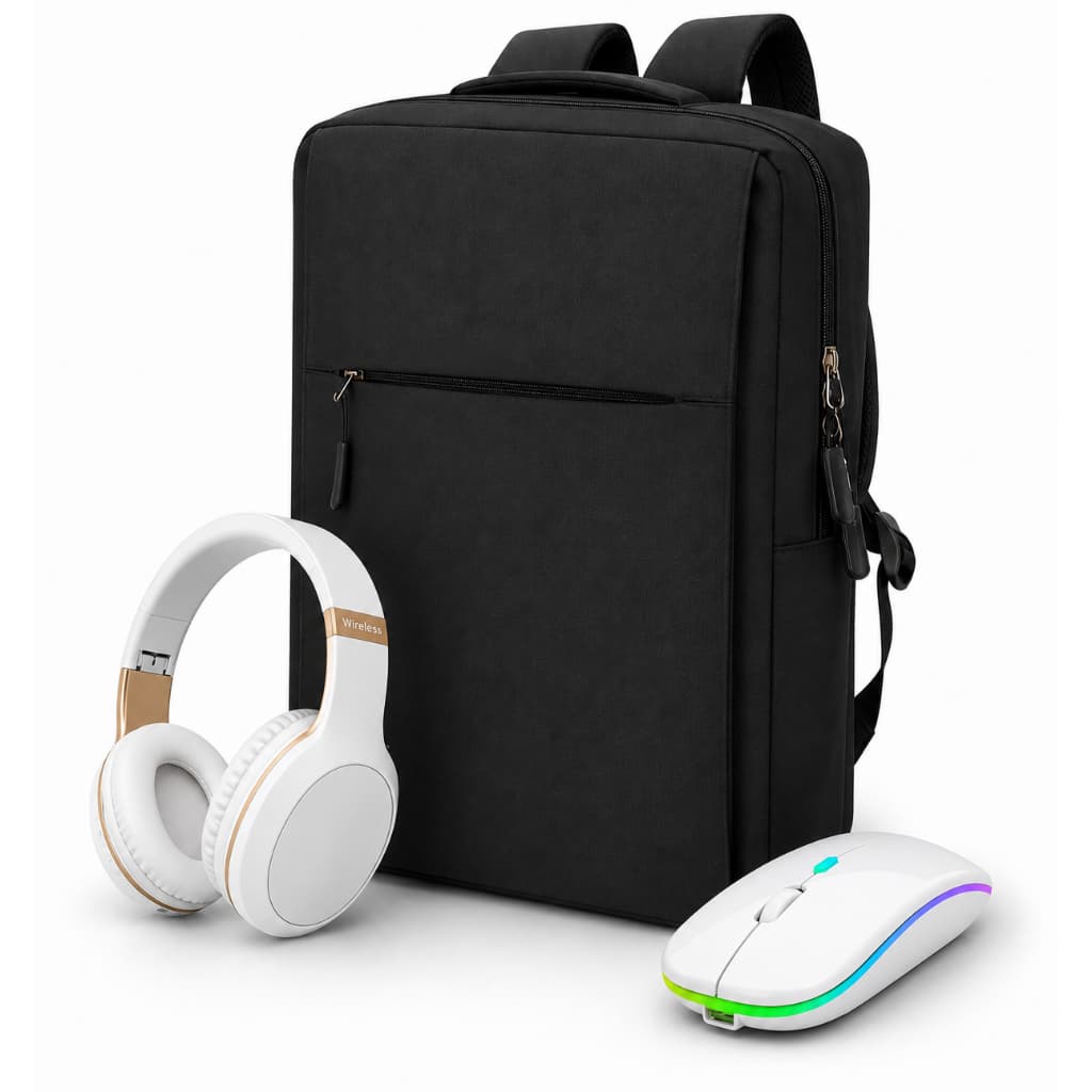 Kit Completo Mochila Notebook Trabalho Faculdade +Headphone Fone Bluetooth + Mouse Bluetooth Sem Fio