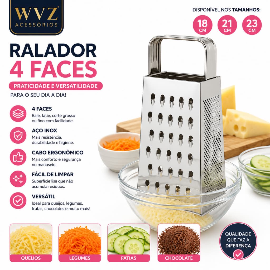 Ralador 4 Faces Aço Inox 21cm Cortinox Multiuso Cozinha Queijo Legumes 18 21 23cm