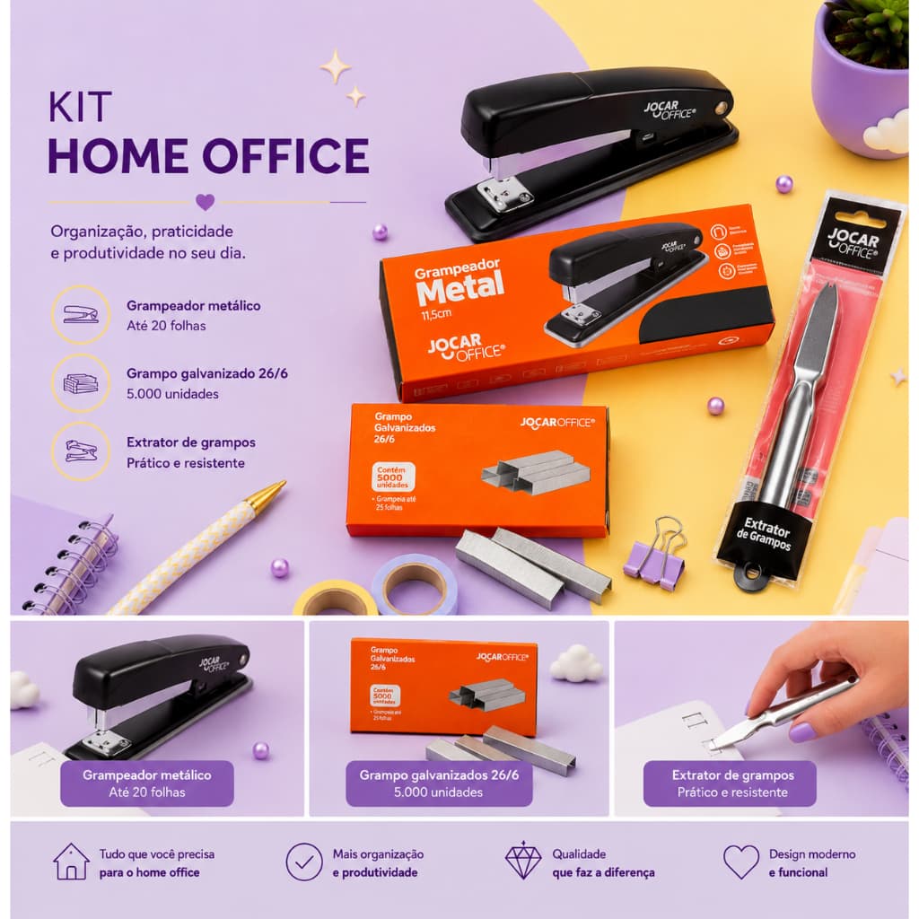 Kit Home Office  - Grampeador - Extrator e Grampos - JOCAR OFFICE