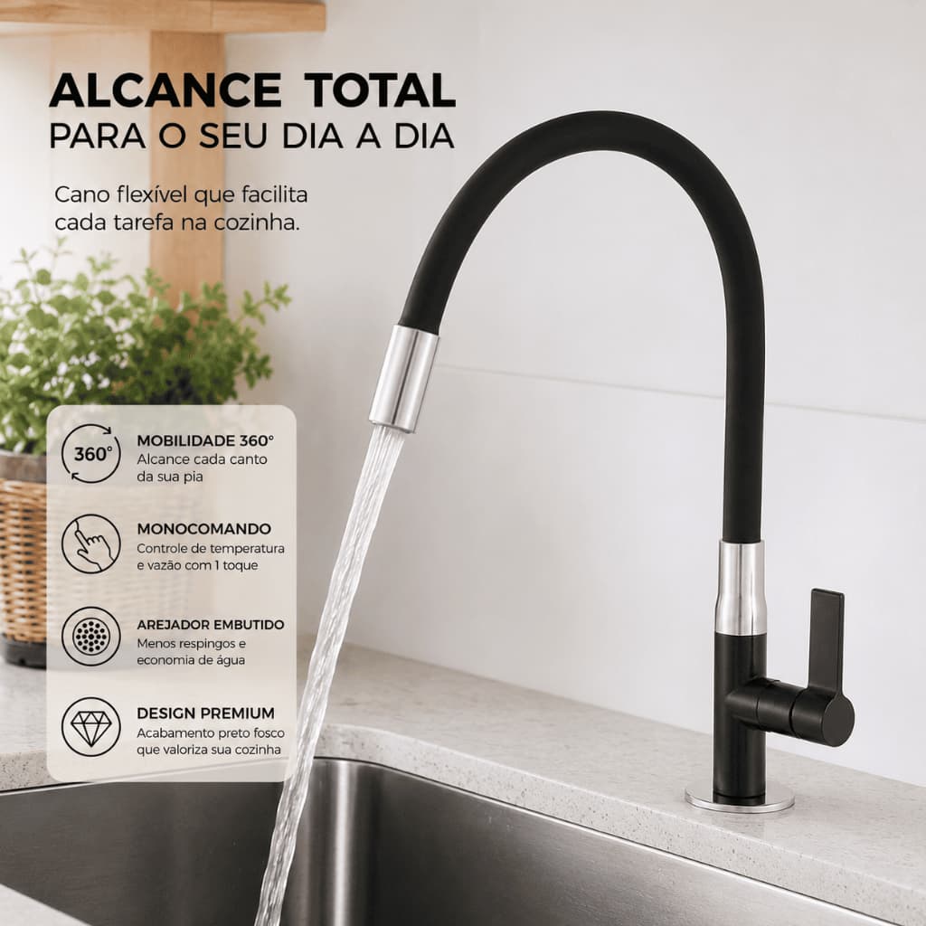 Torneira de Cozinha Gourmet Preta com Bica Flexível e Arejador