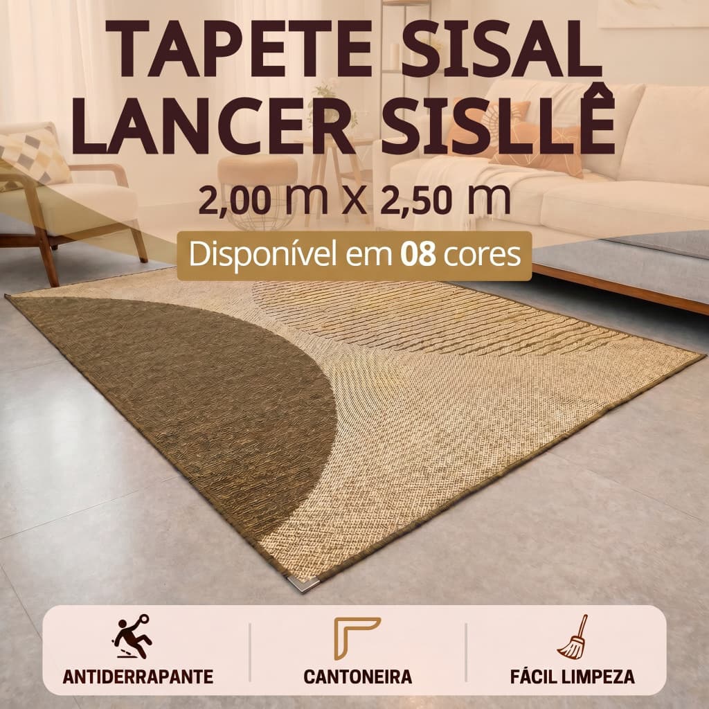Tapete Sisal 250x200 cm Lancer Sisllê Antiderrapante Cantoneira Aço Cromado Sala Quarto Escritório