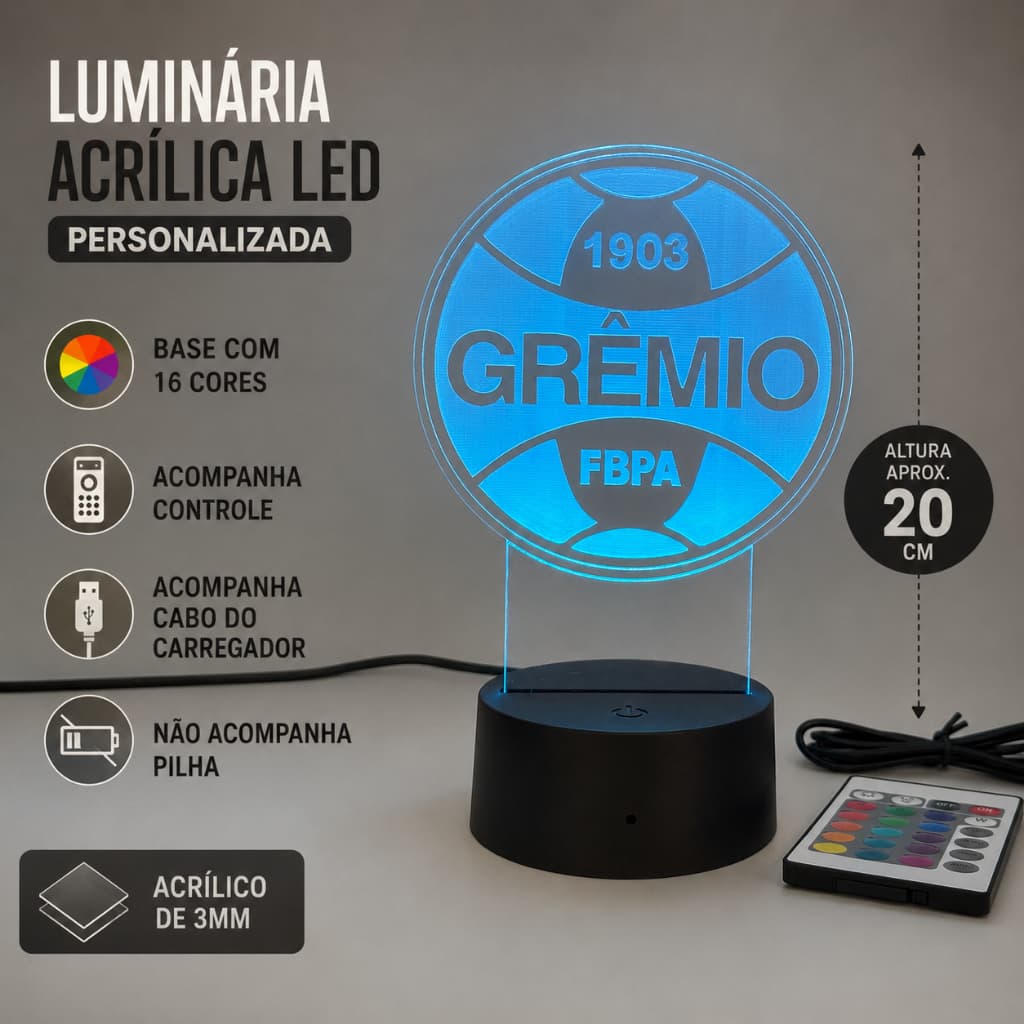 Luminária LED GRÊMIO 3D Acrílico 20cm 16 Cores Controle Remoto