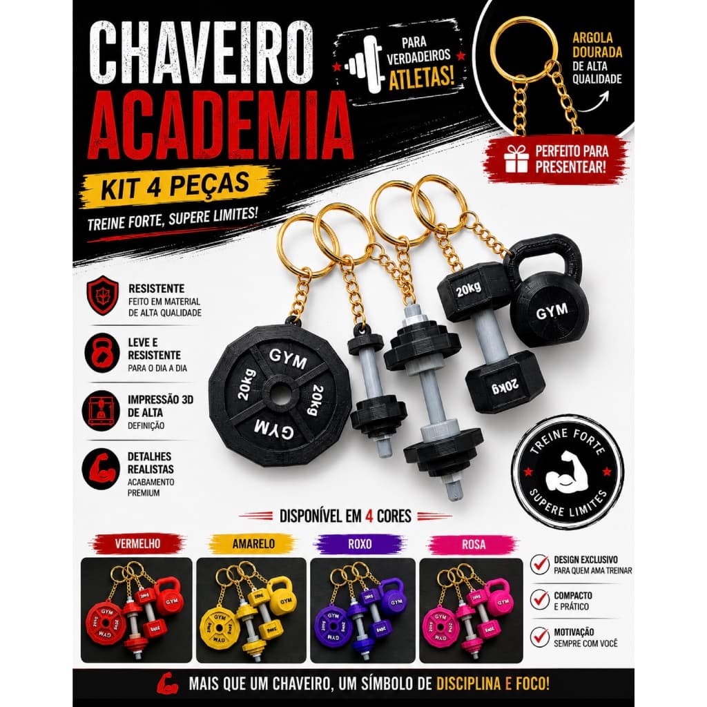 Kit 4 Chaveiros Fitness Academia Halter Anilha Kettlebell Coqueteleira
