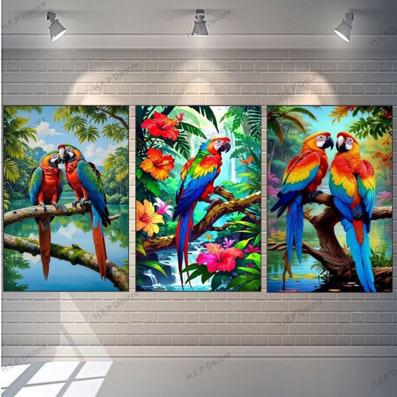 Trio de Quadros Decorativos Araras Tropicais 40x60cm (3 Peças) - H.E.P Decore