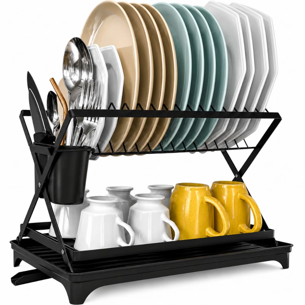 Escorredor de Louças 2 Andares Aço Inox com Dreno Porta Talheres Organizador de Pia Cozinha Compacto Resistente Preto