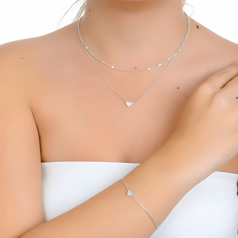 Kit 3 peças Choker Coração Colar Coração pulseira Folheado a Prata 925 Feminino