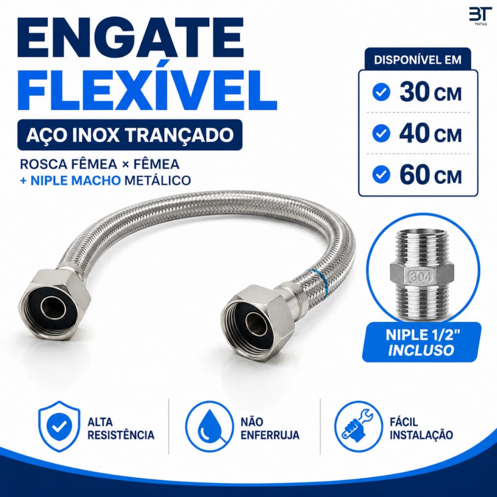 Engate Flexível Inox Trançado 1/2 Fêmea x Fêmea 30cm 40cm 60cm Para Torneira Vaso Caixa Acoplada