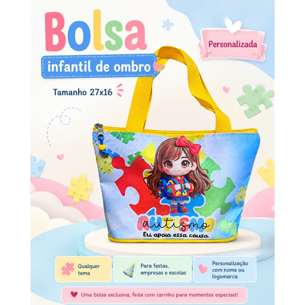 Bolsa de Ombro Infantil Personalizada - Autismo com Nome | Lembrancinha Infantil - qualquer tema