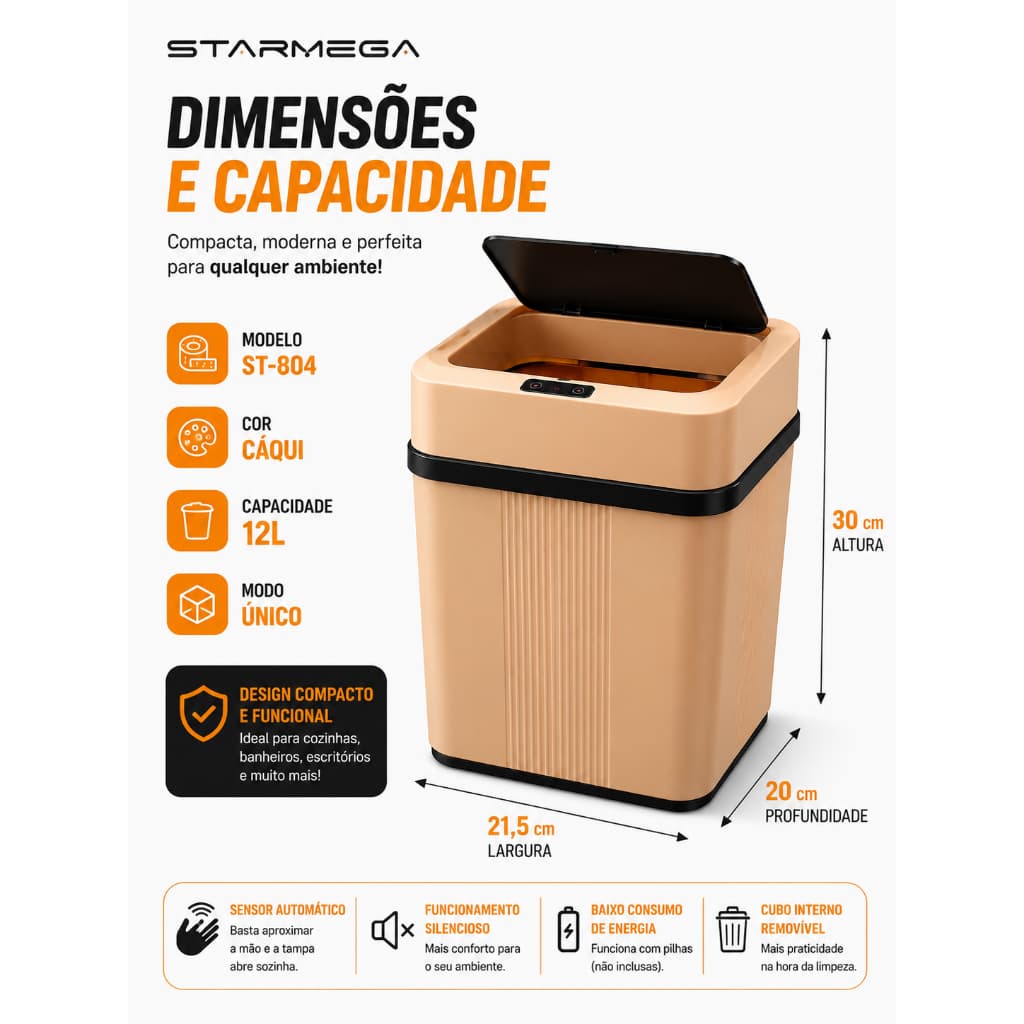 Lixeira Automática 12L Sensor de Presença Tampa Inteligente para Banheiro e Cozinha.
