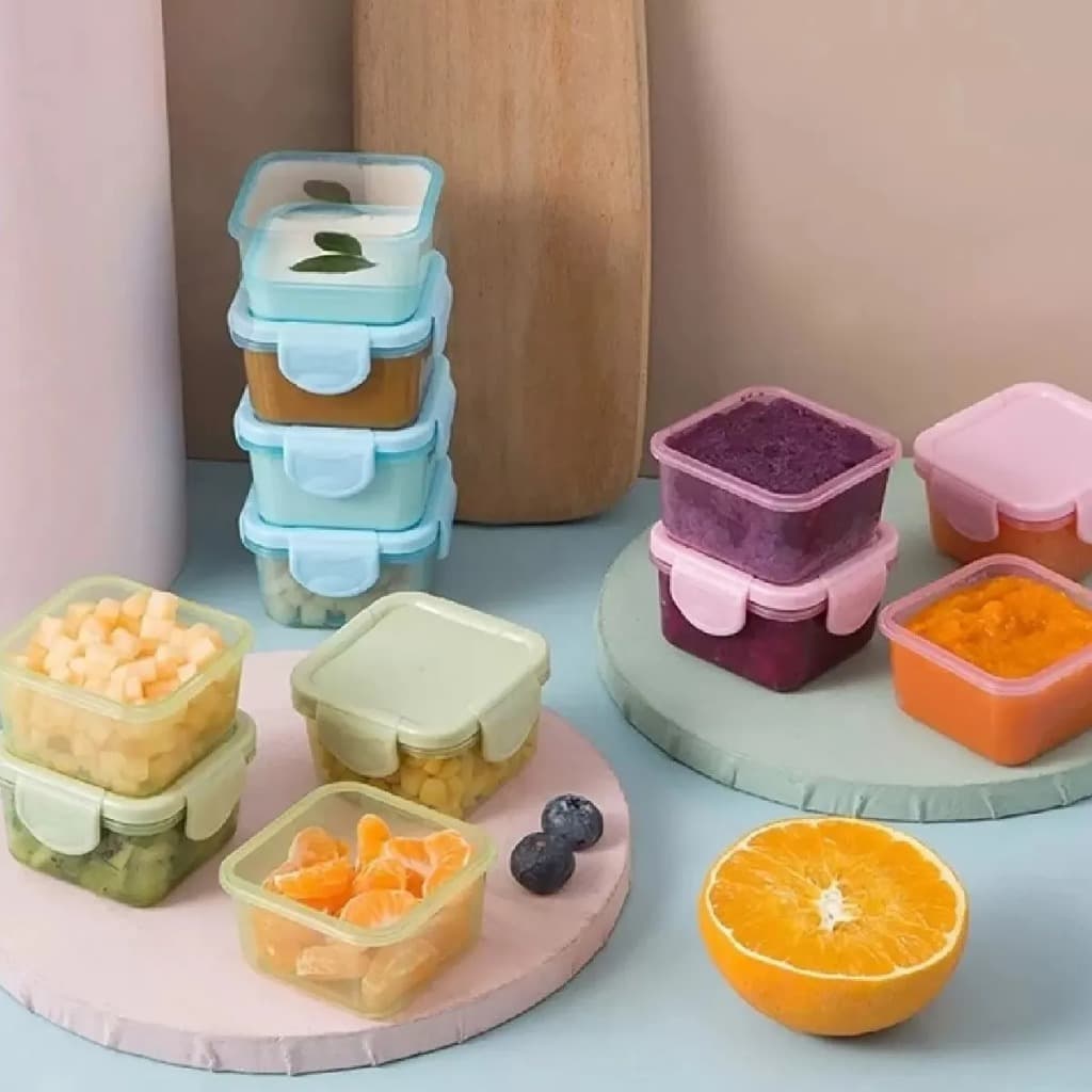 Kit Com 4 Mini Potes Herméticos Quadrados Para Introdução Alimentar de Bebês, Tons Pastéis