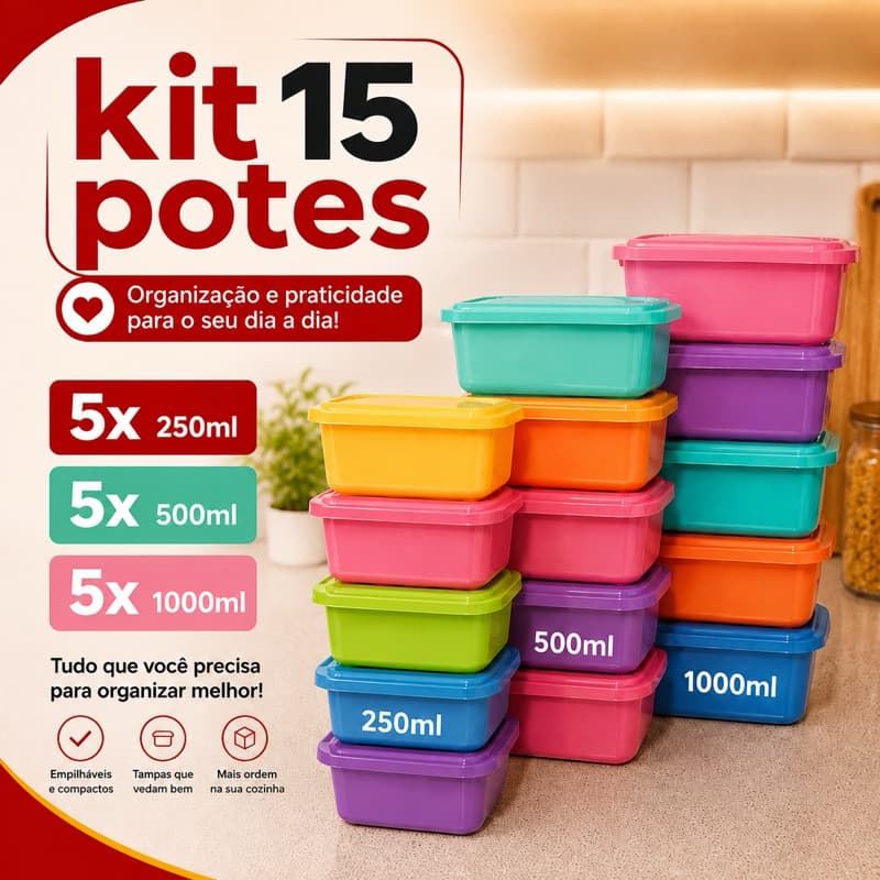 Kit 15 Potes Plásticos Com Tampa 250ml 500ml 1L Cozinha Mantimentos Freezer Microo