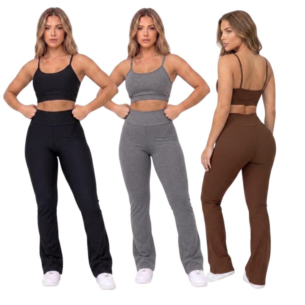 kit 3 Conjunto Fitness Feminino Top Cal莽a Flare Cintura Alta Academia Poli茅ster