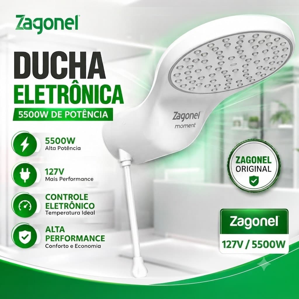 ucha Eletrônica 5500W 127V Zagonel Moment Chuveiro Elétrico Original Branco