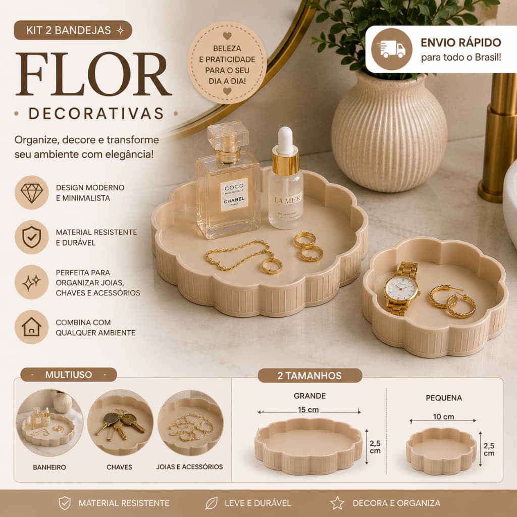 Kit 2 Bandejas Decorativas Flor Minimalista l Porta Jóias l Porta Chaves l Organizador Multiuso