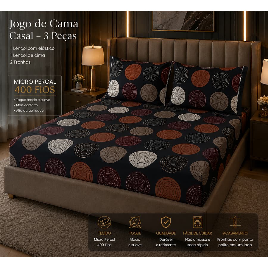 Jogo de Lençol Micro Percal 400 Fios Cama Box com Elástico Toda Volta | Solteiro, Casal e Queen | 2 ou 3 Peças | Toque M