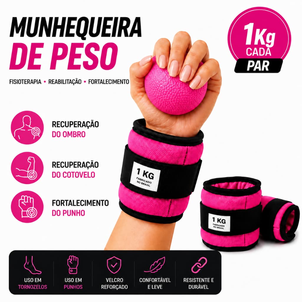 Peso de Punho Par Rosa 1kg Fisioterapia Reabilitação Fortalecimento Terapêuticos Ajustável Coordenação