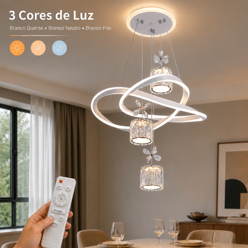 3 Cores Lustre LED de Cristal Moderno Bivolt com Controle Remoto e Altura Ajustável para Sala de Jantar e Quarto