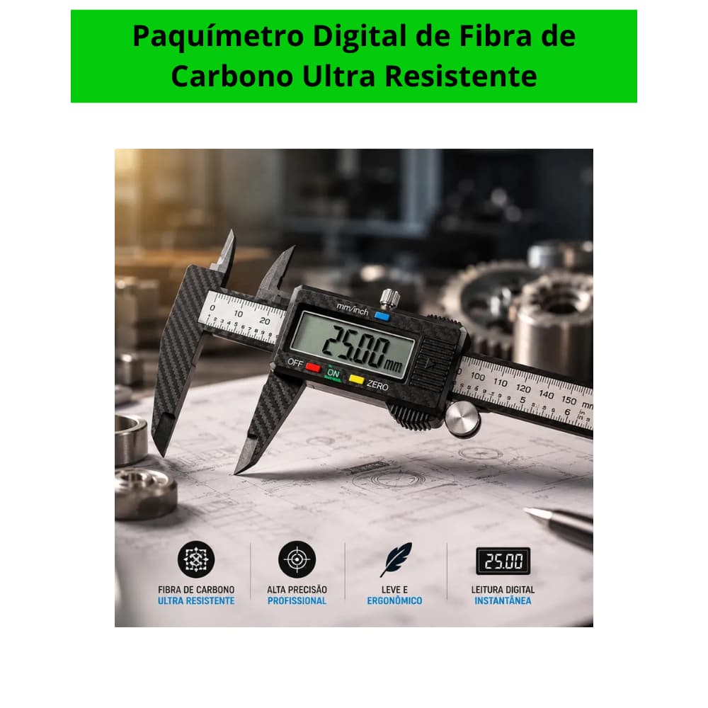 Paquímetro/Calibrador Digital Eletrônico LCD Alta Precisão Fibra de Carbono 150mm