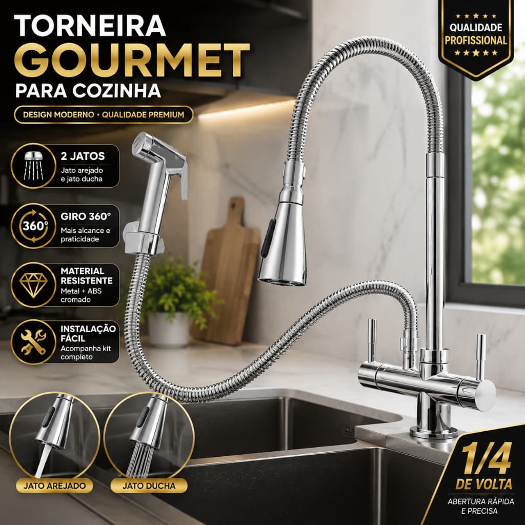 Torneira Gourmet Cozinha Bancada Flexível 2 Jatos Metal ABS Misturador 1/4 Volta Bica Móvel 360°