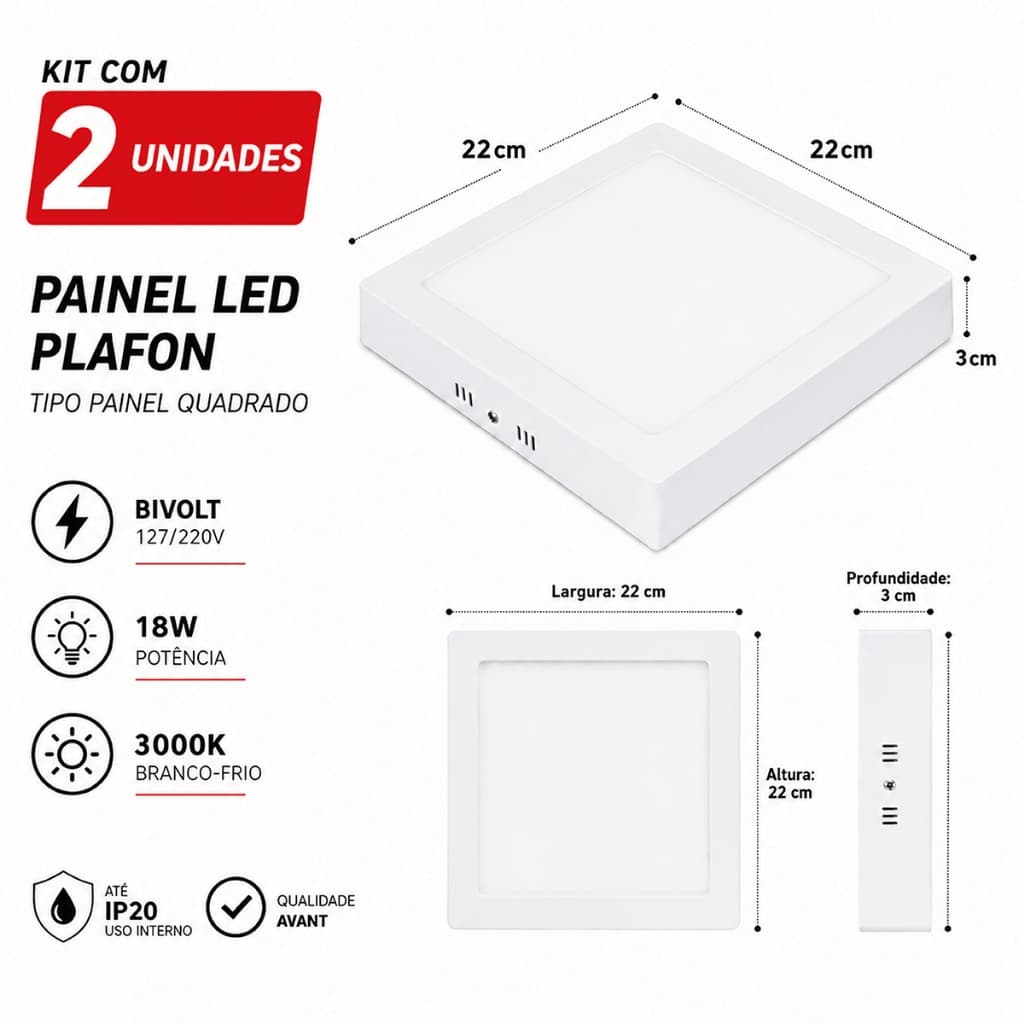 Kit 2 Painéis LED Quadrado Sobrepor Avant 18W 4000K Bivolt Plafon Slim Luz Neutra Para Cozinha Sala Escritório