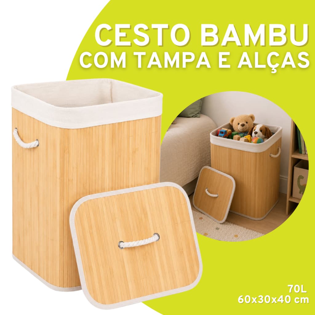 Cesto de Bambu com alças e tampa 70L bambu roupas sujas organização decoração clean ambiente