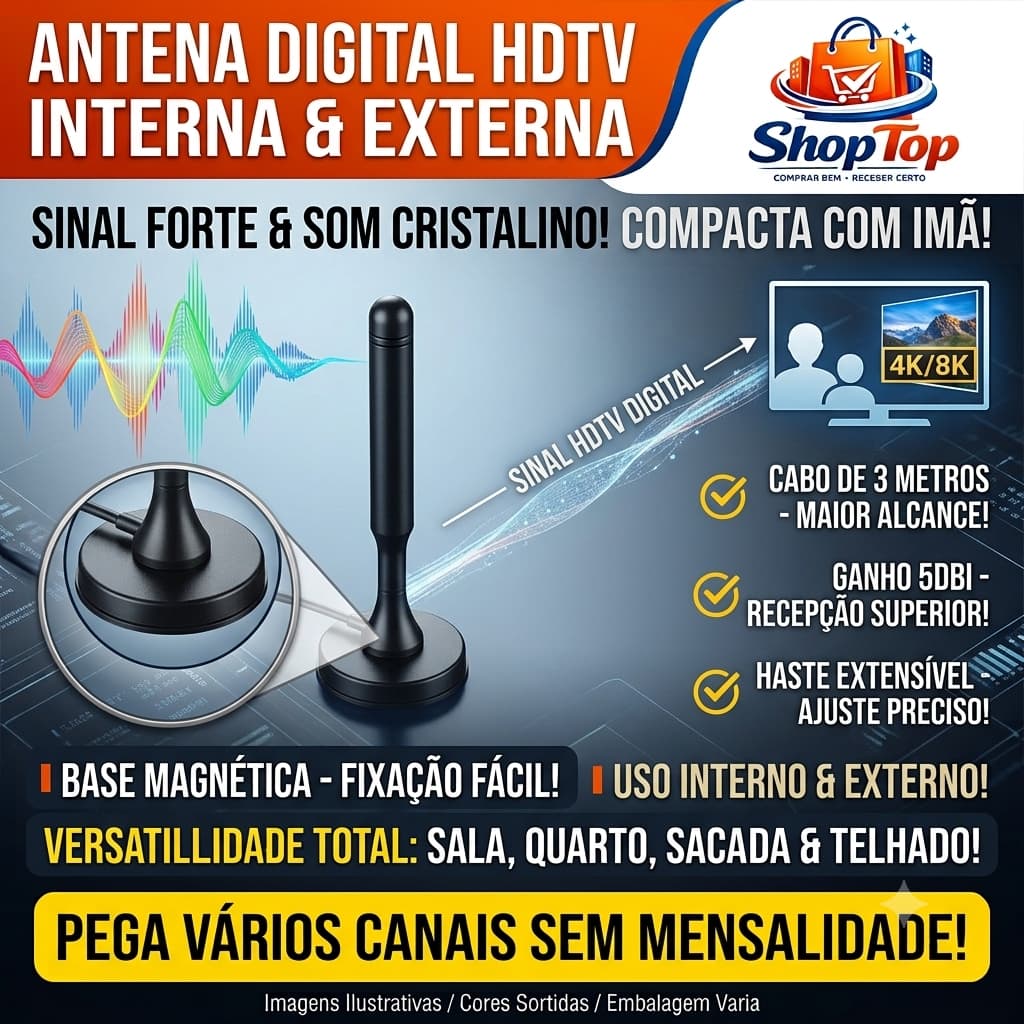 Antena Digital HDTV Interna Externa UHF 5 dBi Base Magnética Cabo 3 Metros para TV Digital