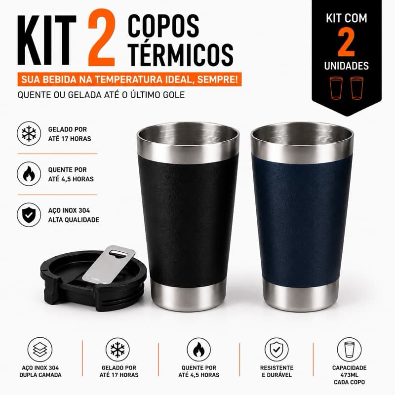 Kit 2 Copos Térmicos 473Ml De Inox Cerveja e Bebidas Quentes Diversas Cores Envio Imediato