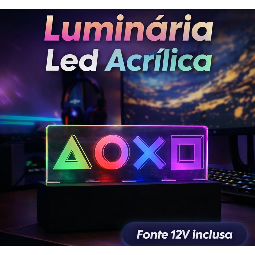 Luminária Game de acrílico e MDF Simbolos Playstation Transforme o Ambiente Dia dos Pais