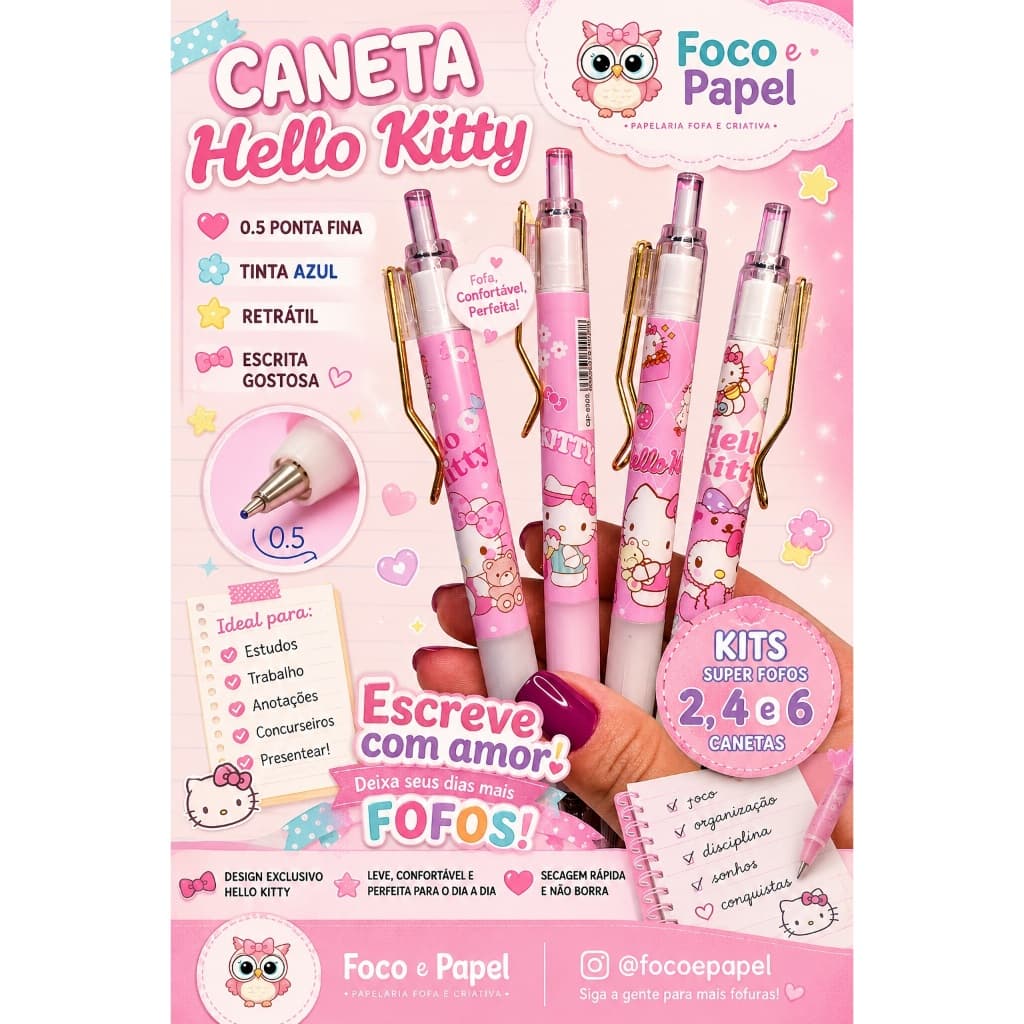 CANETA RETRÁTIL HELLO KITTY - KITS COM 2/ 4/ 6 CANETAS