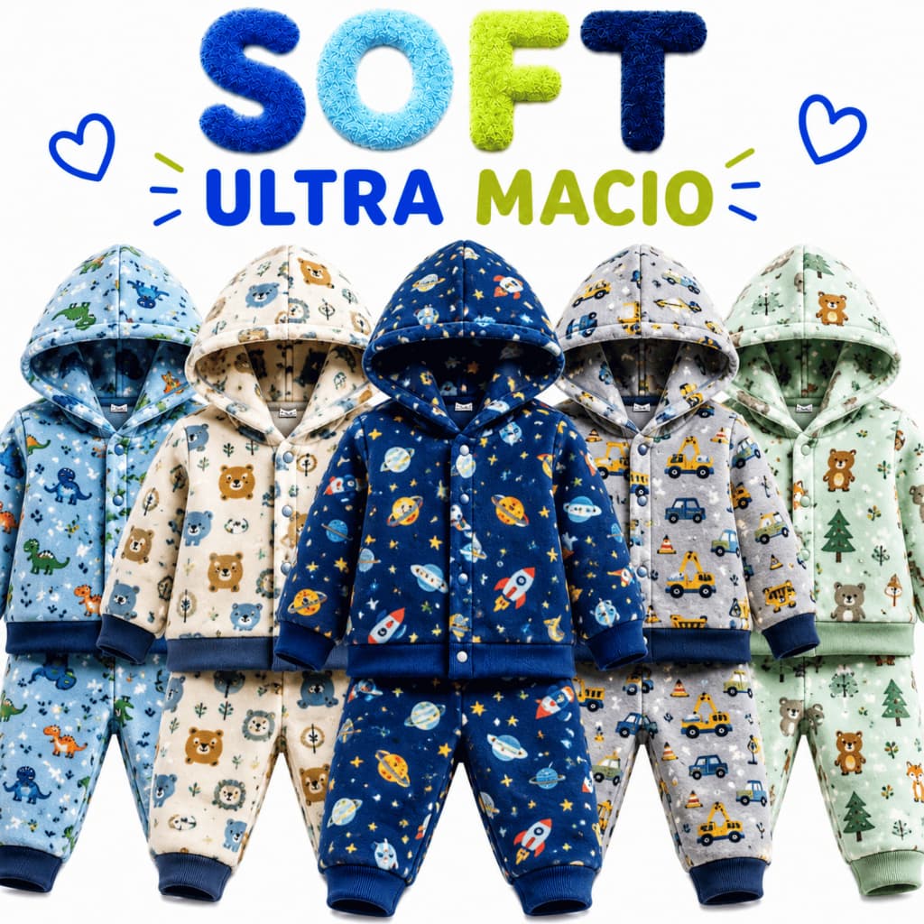 Kit 2 Conjunto Soft Quentinho Infantil Inverno Bebê Roupa Frio Quentinha Menino 1 2 3