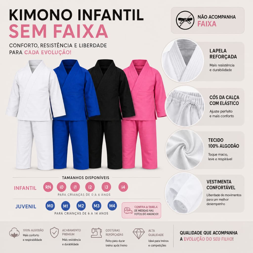 Kimono Infantil Judô e Jiu Jitsu | SEM FAIXA | Do RN ao M4 | Alta Qualidade | Branco, Azul, Preto e Rosa