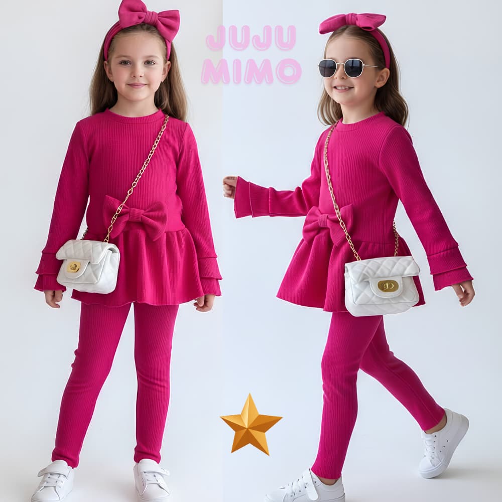 Conjunto Canelado Infantil Menina Blusa Manga Longa com Laço e Caça Para Roupa de Frio