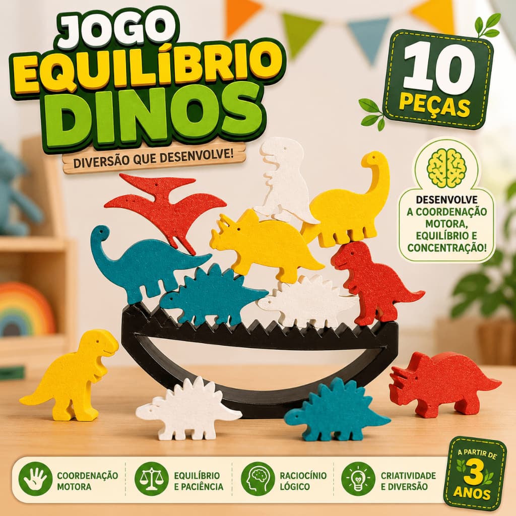 Jogo Equilíbrio Dinos 3D Infantil Educativo 10 Peças | Dinossauros Coloridos Montessori Coordenação Motora