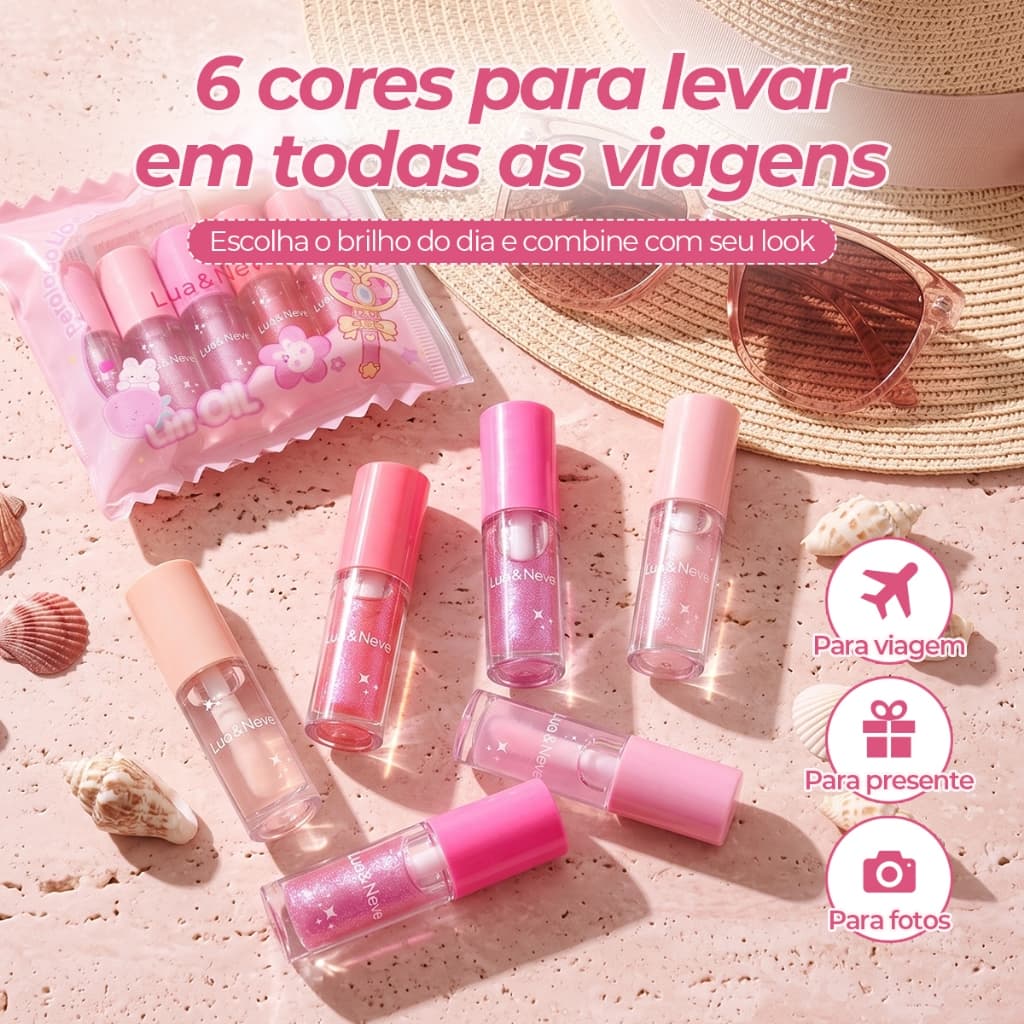Kit 6 Lip Oils Hidratantes Lua&Neve Gloss Labial Brilho Espelhado com Necessaire Portátil