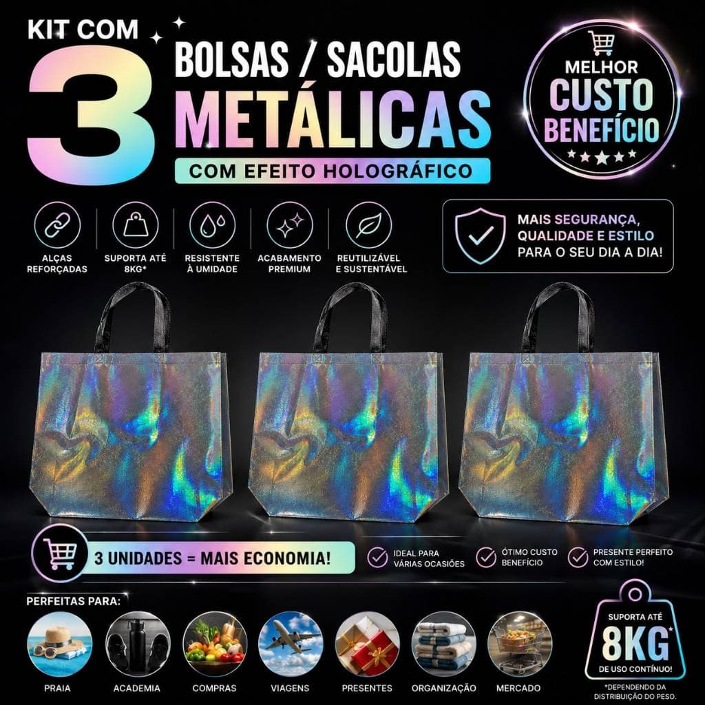 KIT com 3 Sacola TNT Metalizada 45x38 Laminado Bolsa Reutilizável com Efeito Holográfico