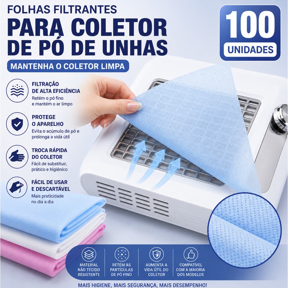 Kit 100 Folhas Descartável Filtro Sugador Pó De Unha Aspirador Manicure Coletor