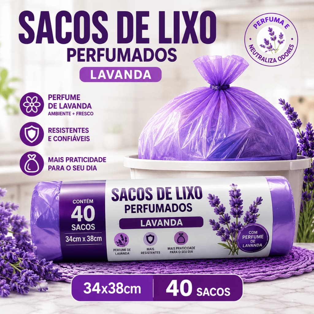 Saco de Lixo Perfumado Lavanda 34x38cm 10L | Resistente | Neutraliza Odores | Kit 40, 80, 120 ou 160 Sacos