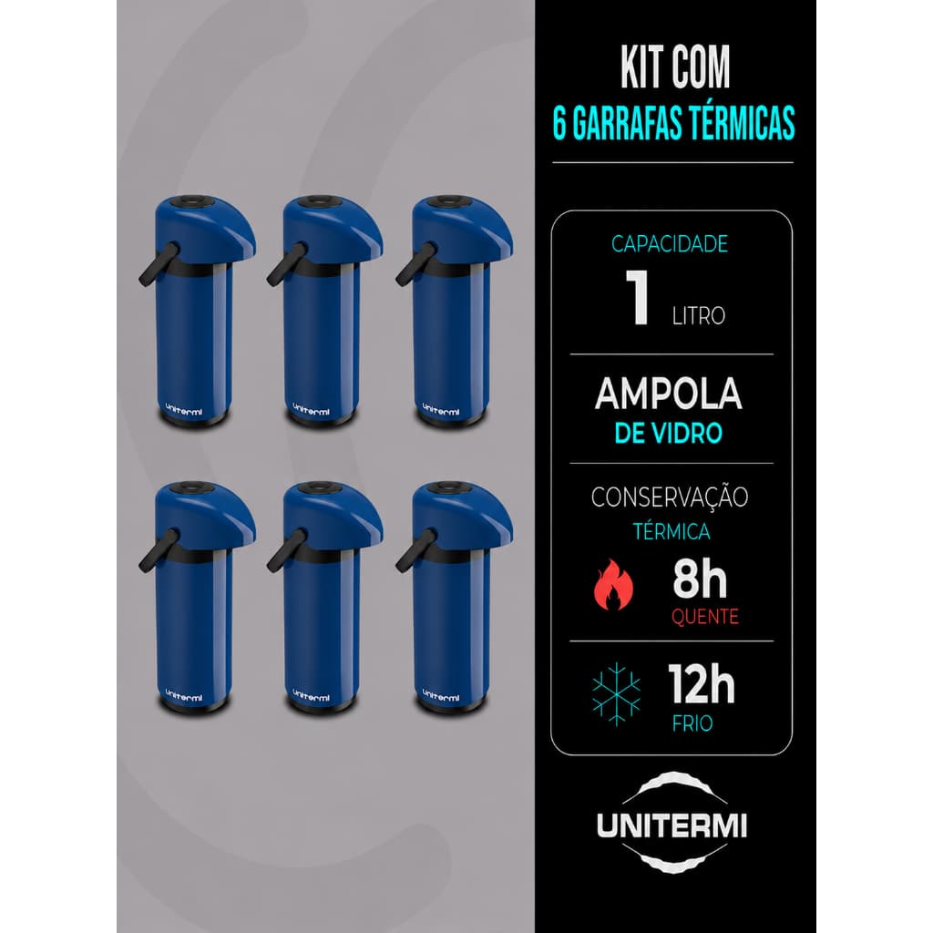 Kit 6 Garrafas Térmicas Para Café Chá 1L Unitermi Verona Ampola de Vidro Bico Anti Gotas Premium