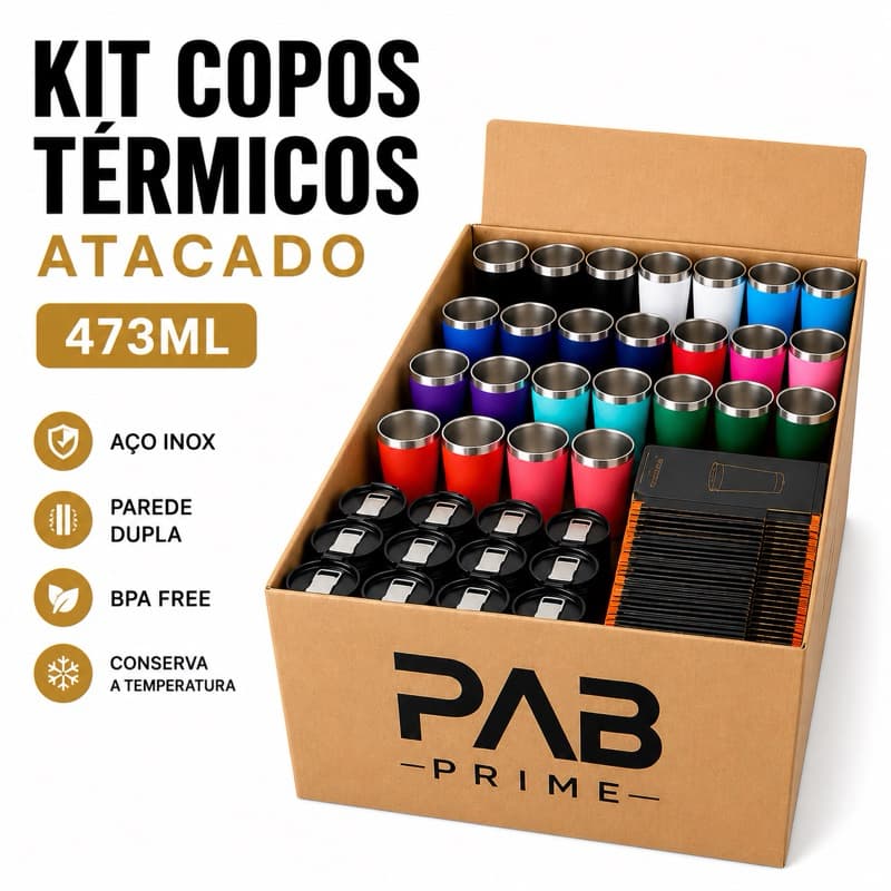 Kit Copos Térmicos Atacado 30 50 75 Unidades Inox 473ml Tampa c/ Abridor Diversas Cores