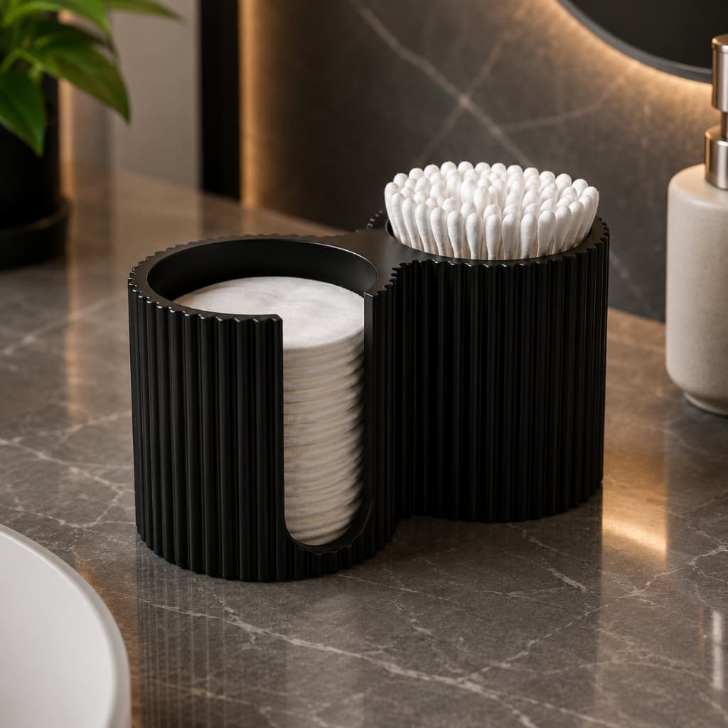 Porta Algodão e Cotonete Organizador Canelado 2 Compartimentos Banheiro Lavabo Bancada 14,7cm Preto Branco