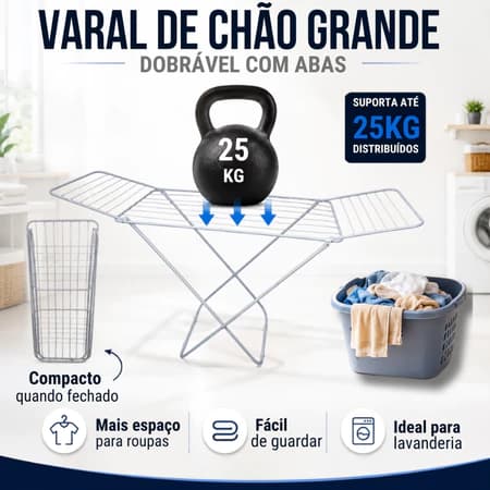 Varal De Chao Grande Dobravel C/ Abas Aço Reforçado