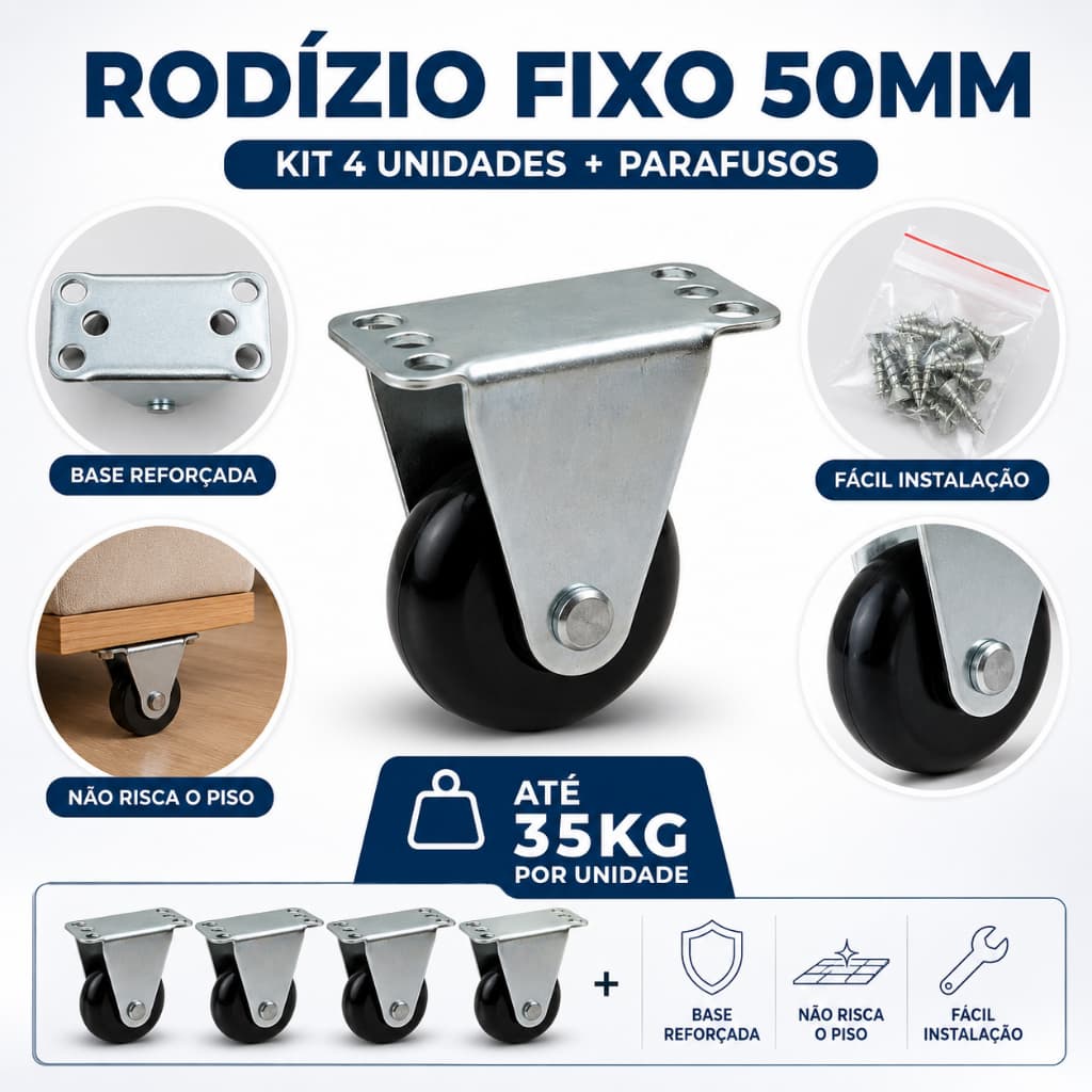 Kit 4 Rodízios 50mm Fixo Silicone em Gel Preto Rodinhas Para Móveis até 140kg + Parafusos
